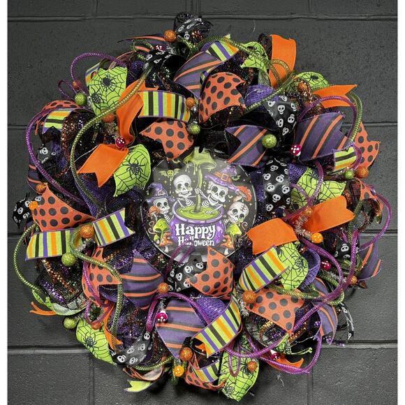 Handmade Halloween Skeleton Wreath – Bright Deco Mesh Door Decor - Picture 1 of 7